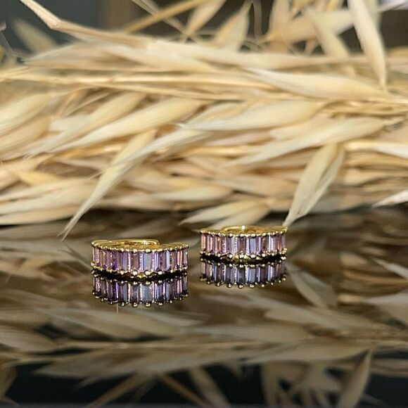 Gold Plated Huggie Hoop Earrings Dainty Minimalistic Sterling Silver CZ gems - Picture 3 of 4